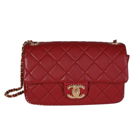 Chanel Red Quilted Lambskin Small Stitched Single Flap Bag - Picture 1 of 8